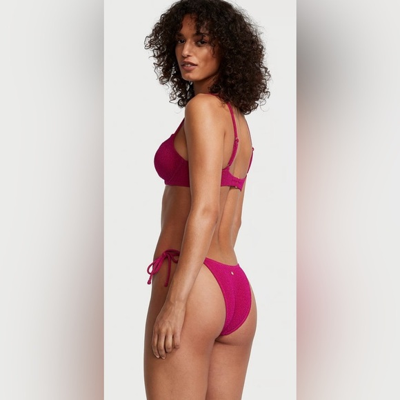 Victoria’s Secret Bikini Set M Pink Shimmer Underwire Top & Tie Bottom Swim NWT - Picture 8 of 13